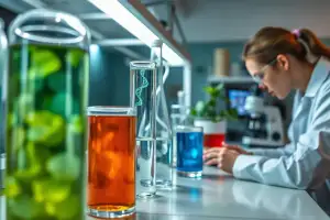 Szklane naczynia laboratoryjne z kolorowymi cieczami ilustrujące proces fermentacji mlekowej w kuchni