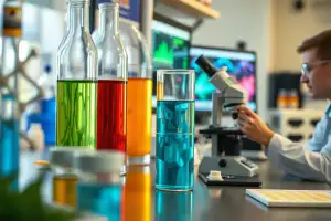 Szklane naczynia laboratoryjne z kolorowymi płynami używane do badań biomarkerów molekularnych w onkologii