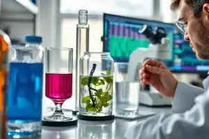 Szklane naczynia laboratoryjne z kolorowymi cieczami i strukturą DNA w tle, naturalne oświetlenie