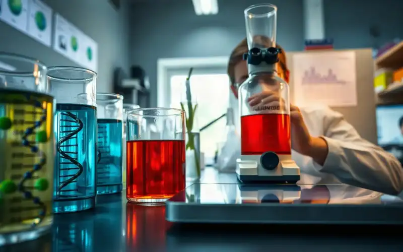 Laboratoryjne szkło z kolorowymi cieczami i wizualizacją helisy DNA symbolizujące bioremediację środowiska