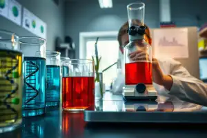 Laboratoryjne szkło z kolorowymi cieczami i wizualizacją helisy DNA symbolizujące bioremediację środowiska