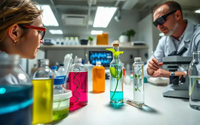 Laboratoryjne szkło z kolorowymi cieczami symbolizujące wektory wirusowe stosowane w terapii genowej
