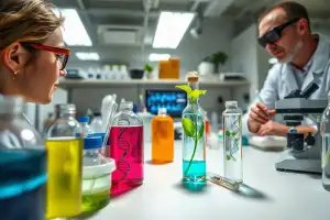Laboratoryjne szkło z kolorowymi cieczami symbolizujące wektory wirusowe stosowane w terapii genowej